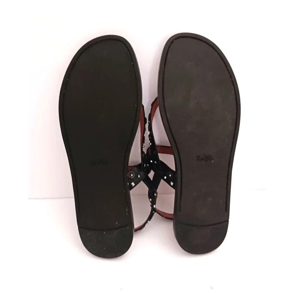 Coach Tea Rose Blk Leather Thong Sandals w Ankle Strap Floral Stud Trim US 10M